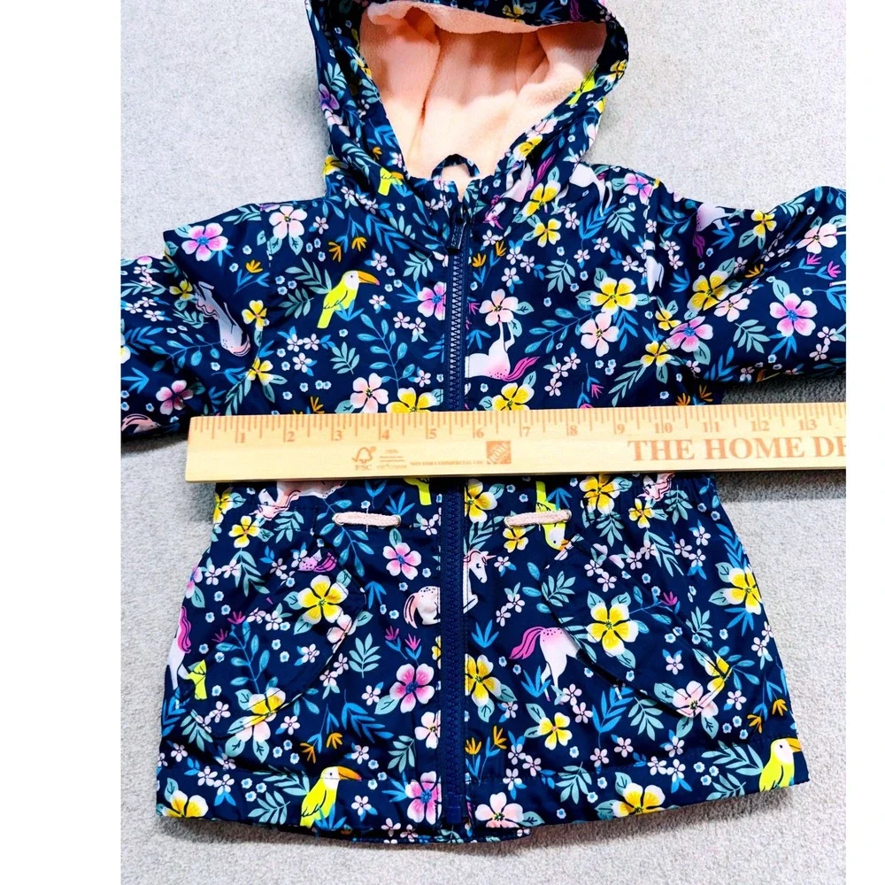 Carter's Hooded Jacket Baby Girls 12m Navy Blue Floral Unicorn Toucan Fleece